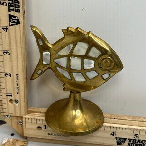 Vintage Brass Fish Figurine Mother of Pearl Inlay Mid Century Table Decor